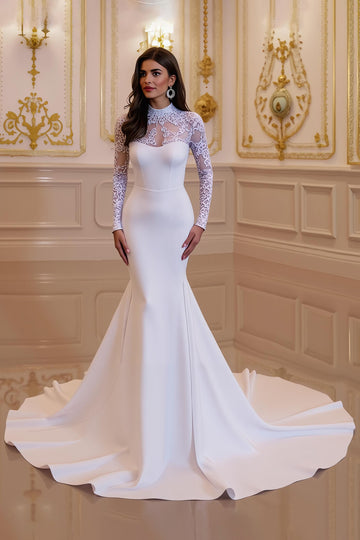 White Mermaid Long Sleeve Modest Wedding Dress With Appliques